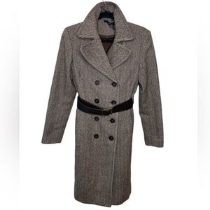 Zara Herringbone Long Coat With Belt Double Breasted In Good Condition Size L